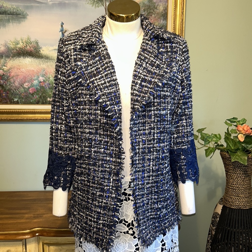 Chico's Blue Black Silver Tweed Fringe Lace Sleeve Mid Length Blazer Jacket